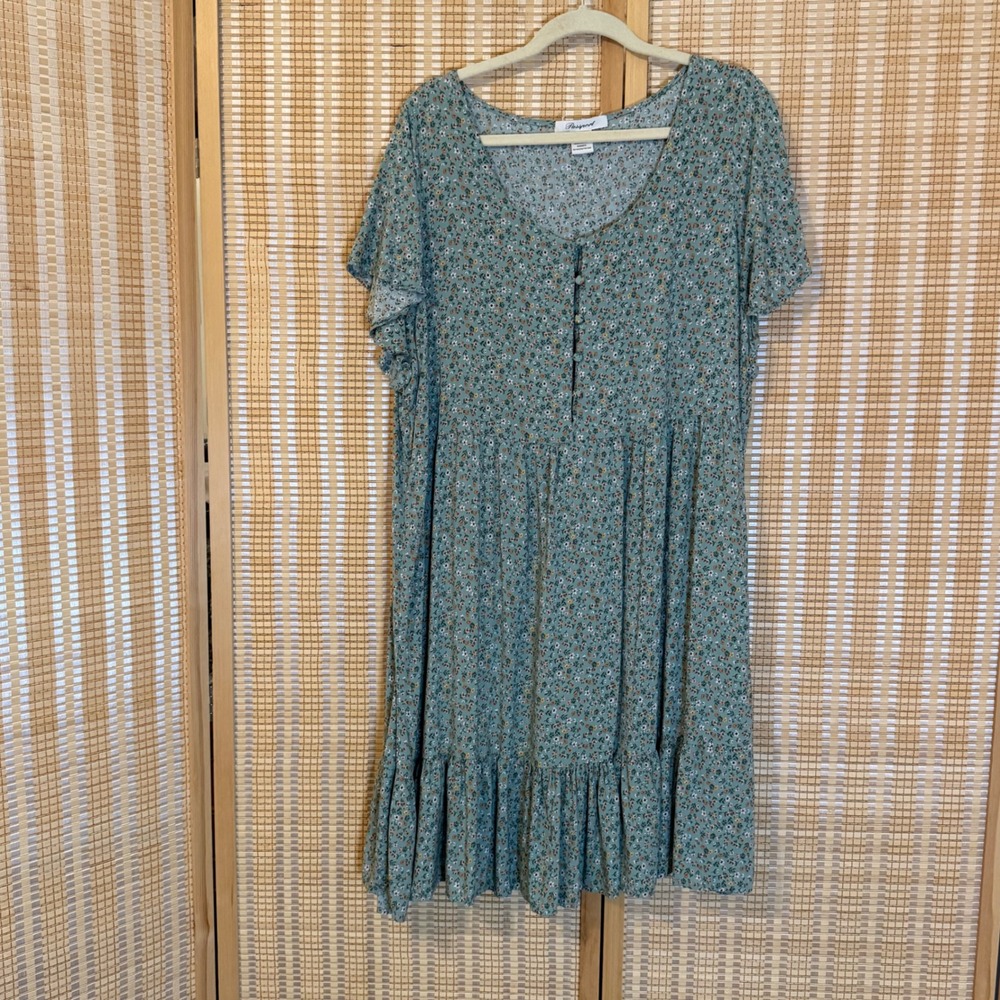 Passport Womens 3X Sage Green Floral Rayon Babydoll Mini Dress Ruffle Hem V-Neck